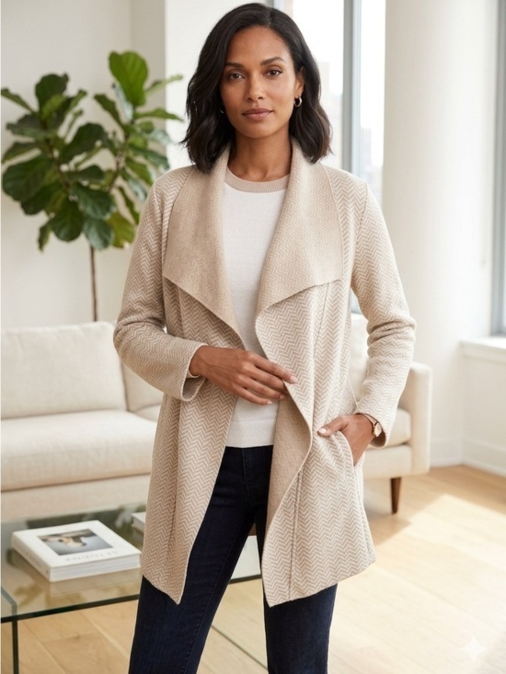 Adrienne Vittadini Women’s Medium Waterfall Cardigan Sweater Wool Tan Cream M